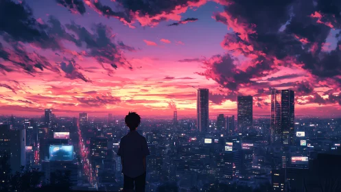 Silhouette observes dense city skyline under vivid sunset sky