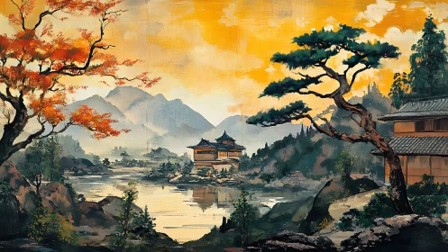 Golden lake sunset around a tranquil Japanese temple retreat.