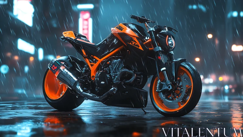 High-contrast KTM streetfighter rendered in wet neon urban rain