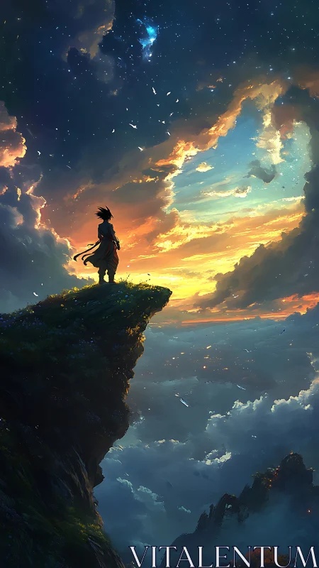 Lone wanderer on cliff under luminous twilight sky.