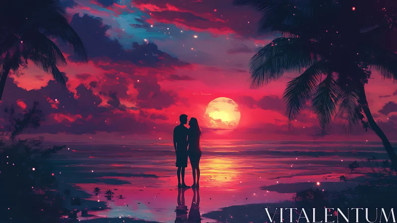 Romantic couple silhouetted against neon tropical sunset seascape