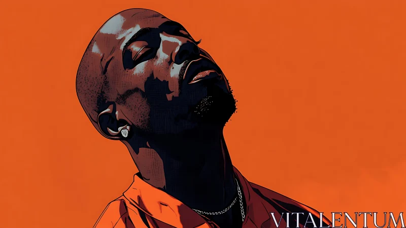 Profile portrait of man against solid orange background.