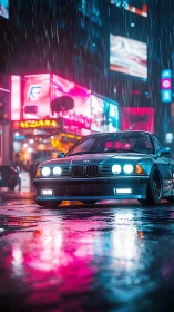 BMW sedan under neon city lights on wet night street.