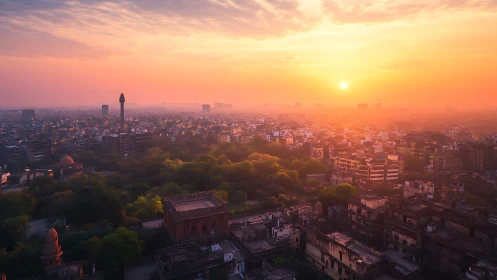 Aerial urban sunrise over dense skyline and green corridor.