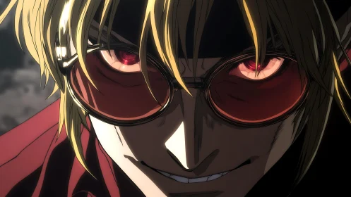 Intense anime antihero with red glasses and sharp grin.