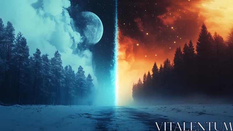 Split winter forest shows cold moonlit and fiery skies