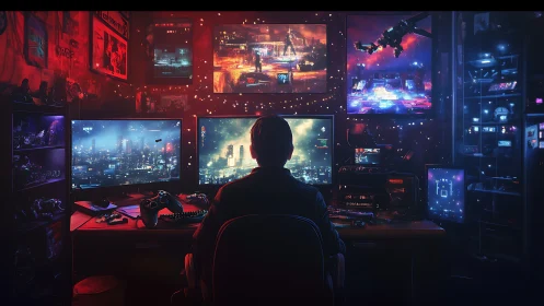 Cyberpunk command workstation in neon-lit gaming studio.