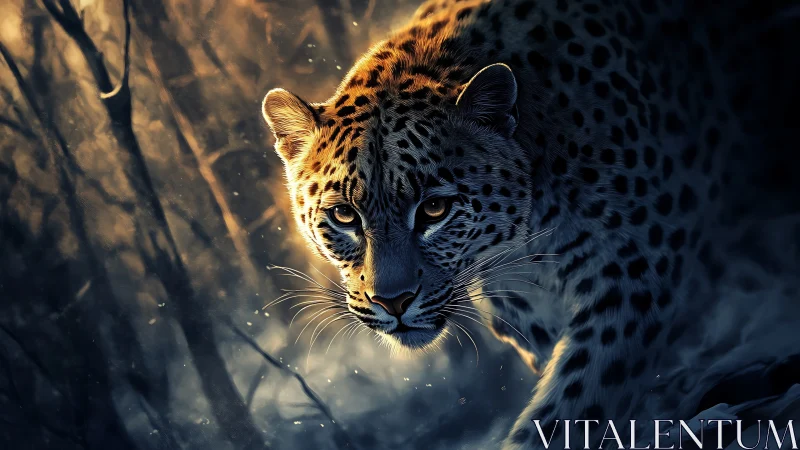 Leopard's Luminous Gaze in Golden Wilderness.