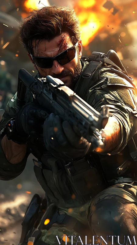 Battle-hardened soldier holds his ground amid explosions.