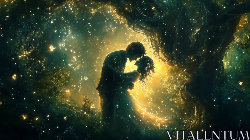 Silhouetted figure holding plant specimen amid luminescent forest environment.