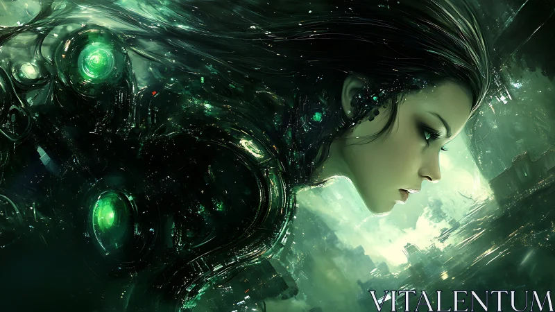 Cybernetic guardian gazes over a glowing futuristic world