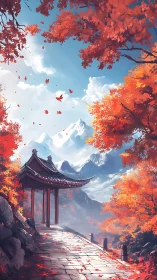 Mountain pavilion path bordered by dense autumn foliage.