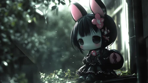 Lonely bunny-eared doll rests in a soft rainy garden glow