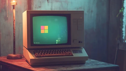 Retro desktop computer sits on wooden desk beside lamp