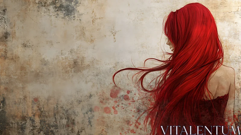 Crimson haired woman stands quietly against a weathered wall