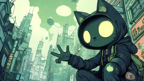 Neon-eyed cat hacker perched above teal cybercity hush.