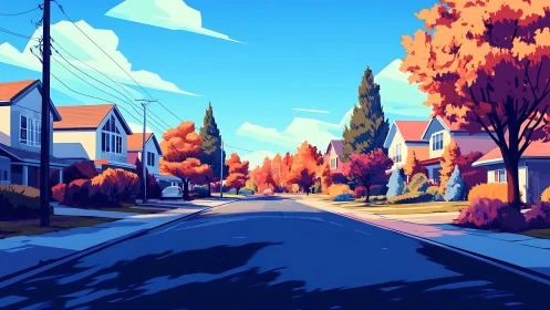 Golden autumn neighborhood glows under a bright blue sky