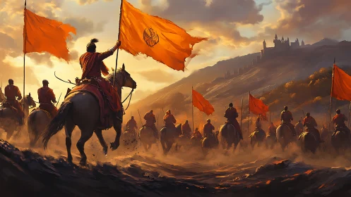 Mounted warriors with orange banners advance toward distant castle