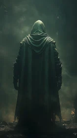 Hooded figure in tattered cloak within green volumetric fog