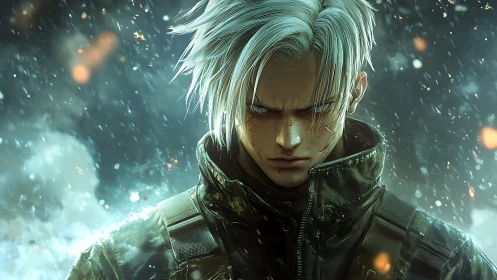 Brooding silver haired soldier stands in cinematic rainstorm