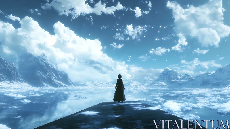 Solitary figure on icy causeway under vast luminous sky