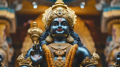Ornate black stone deity statue with gold adornments in temple.