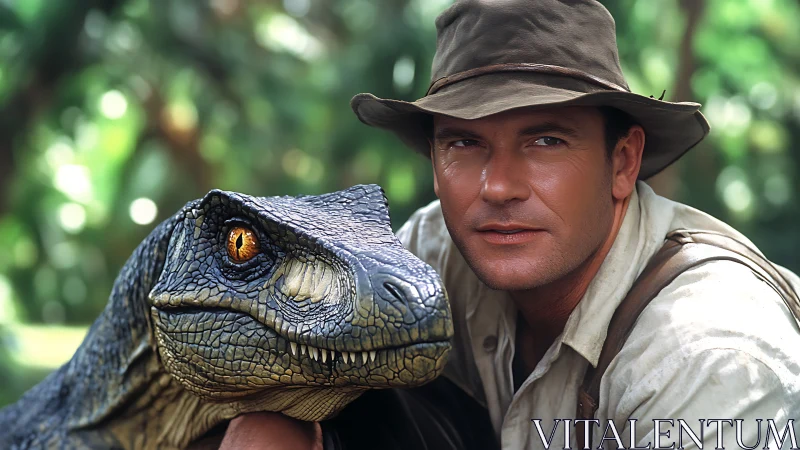 Male explorer posed beside detailed dinosaur model outdoors.