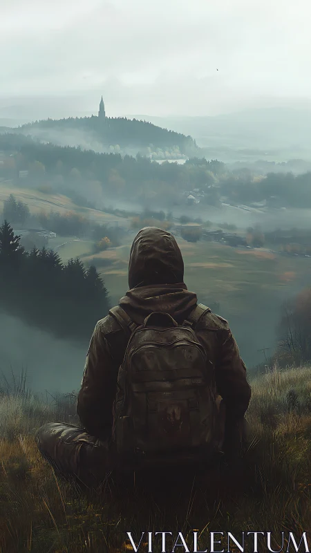 Hooded backpacker sits on hillside overlooking misty valley