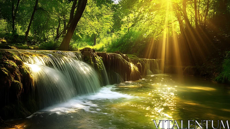 Serene Waterfall in Sunlit Forest, Lush Greenery, Natural Beauty.