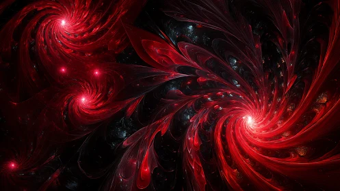 Crimson fractal vortexes swirling through cosmic shadowed void.