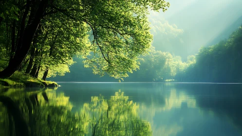 Sunlit forest lake lies in tranquil morning mist