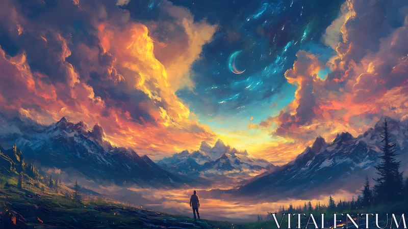 Lone dreamer beneath wildfire clouds and crescent skies.