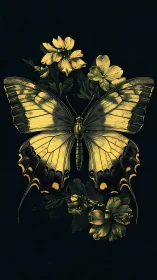 Golden butterfly spreads wings above nocturnal florals.