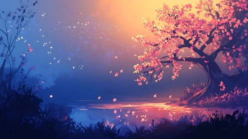 Digital landscape of flowering tree by reflective water at dusk.