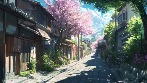 Spring-lit Japanese alley framed by blooming cherry trees.