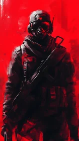 Tactical operator in gas mask rendered with high contrast red field
