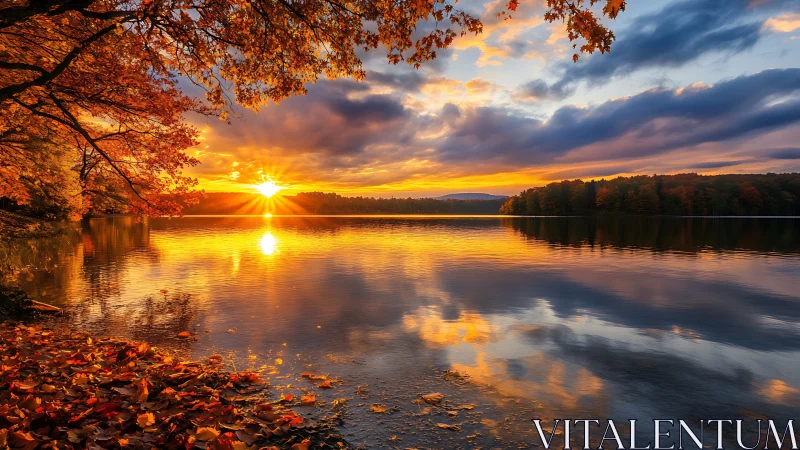 Radiometric autumn sunset over specularly reflective lake surface.