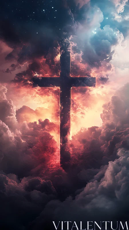Vertical celestial cross rendered in luminous storm clouds.