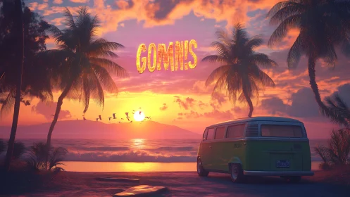 Sunset coastal van scene with neon text and palm silhouettes.