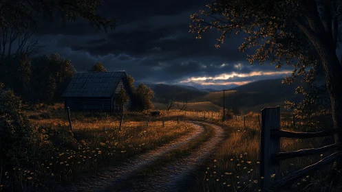 Twilight country road curving toward distant cabin and hills.