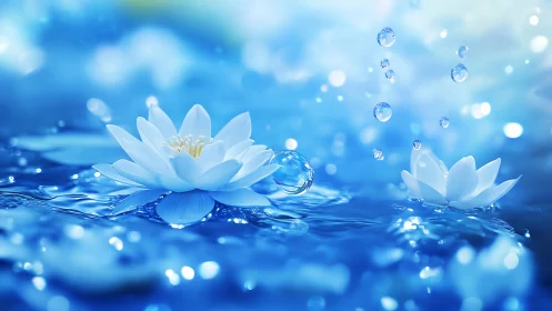 White water lilies floating in blue water with water droplets