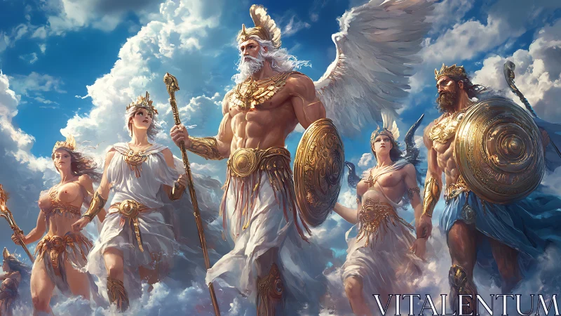 Olympian gods stride through radiant high cloud battleground