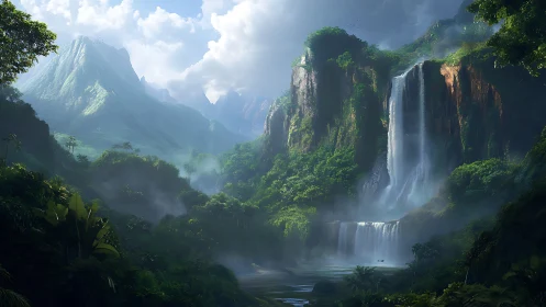 Cascading jungle waterfalls carve misted cliffs in lush valley