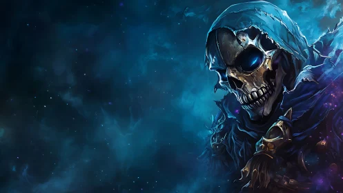 Hooded cosmic reaper smiles within swirling nebula void