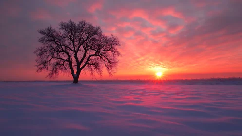 Solitary winter tree silhouetted against luminous magenta sunrise