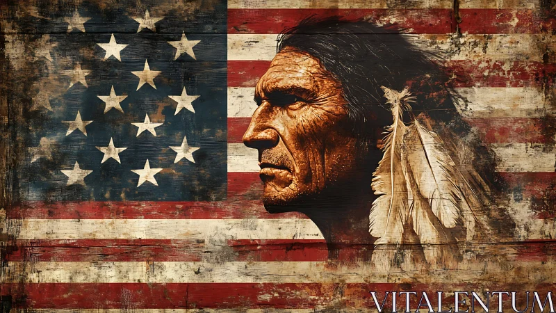 Indigenous man profile overlay sits on worn US flag