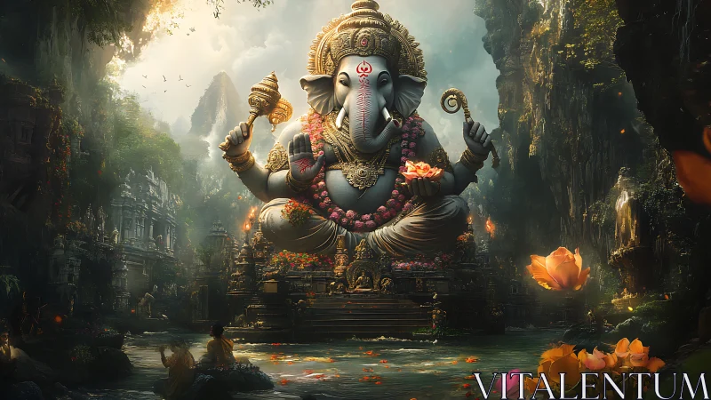 Colossal Ganesha statue rises over lush river temple gorge