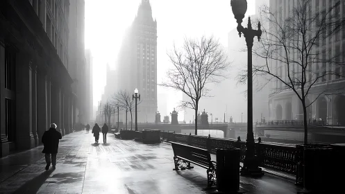 Foggy city riverwalk with pedestrians and tall buildings.