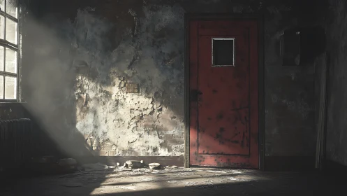 Weathered red door quietly brightens a forgotten room