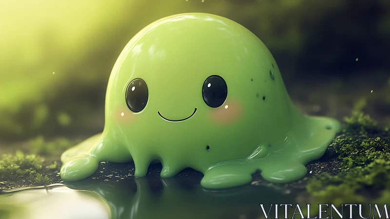 Shy forest slime smiles by a sunlit woodland puddle.